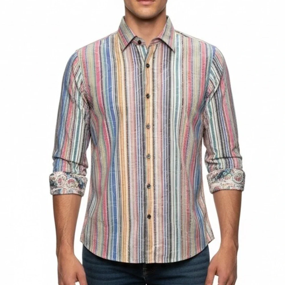 Robert Graham Striped Paisley Pastel Button Down Shirt Boys 18/20 XL 100% Cotton